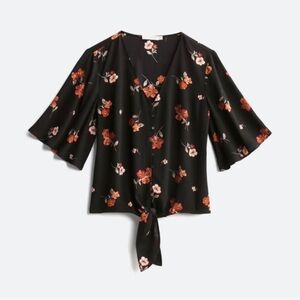 LUSH - Black Floral Blouse with Bell Sleeves and Tie Front